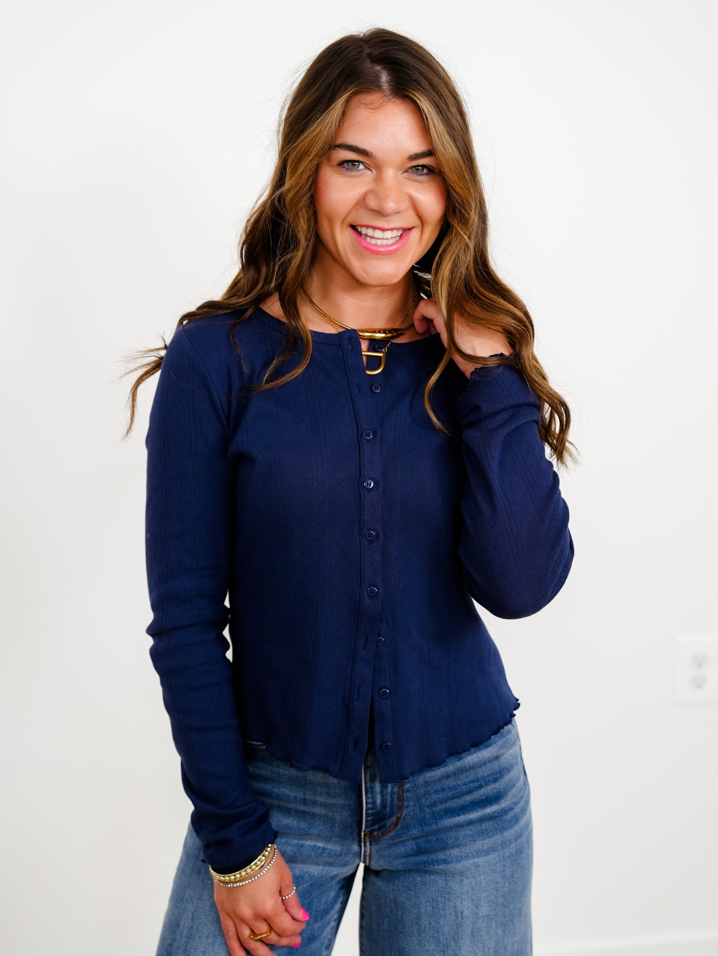 Long Sleeve Button Down Cardigan with Lettuce Hem