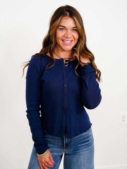 Long Sleeve Button Down Cardigan with Lettuce Hem