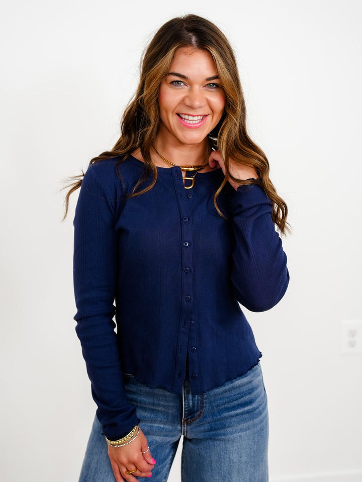 Long Sleeve Button Down Cardigan with Lettuce Hem - Freckled Poppy