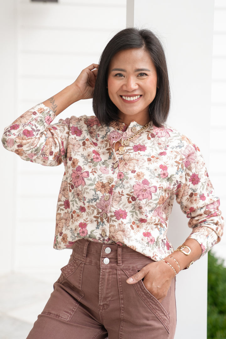 Floral Print Long Sleeve Button Down Cardigan