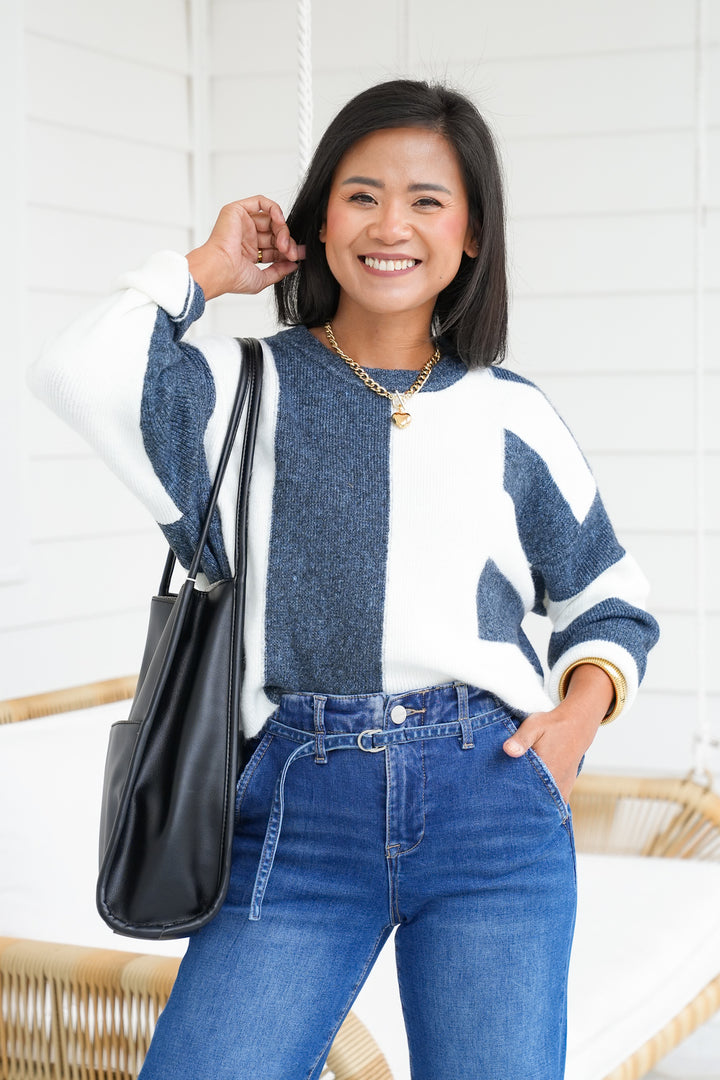 Abstract Color Block Long Sleeve Knit Sweater