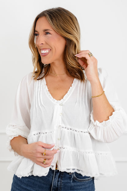 White 3/4 Sleeve V Neck Button Down Babydoll Top