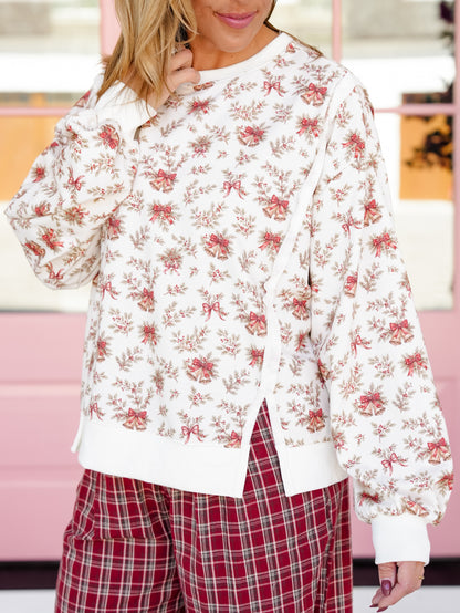 Holiday Bells & Bows Print Long Sleeve Sweatshirt