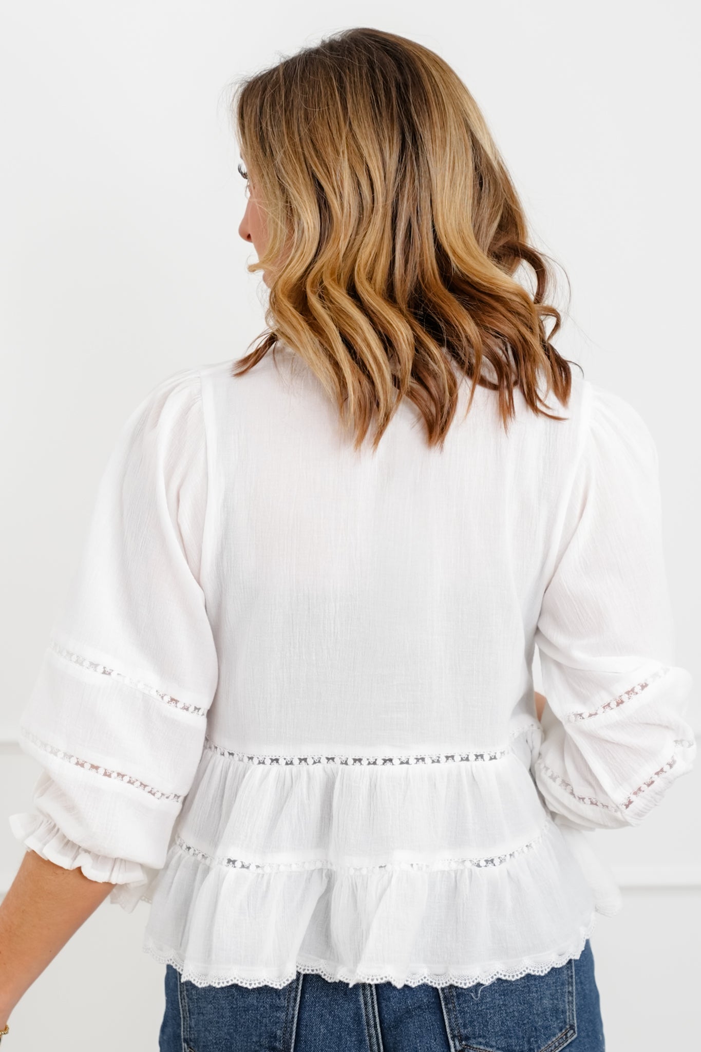 White 3/4 Sleeve V Neck Button Down Babydoll Top