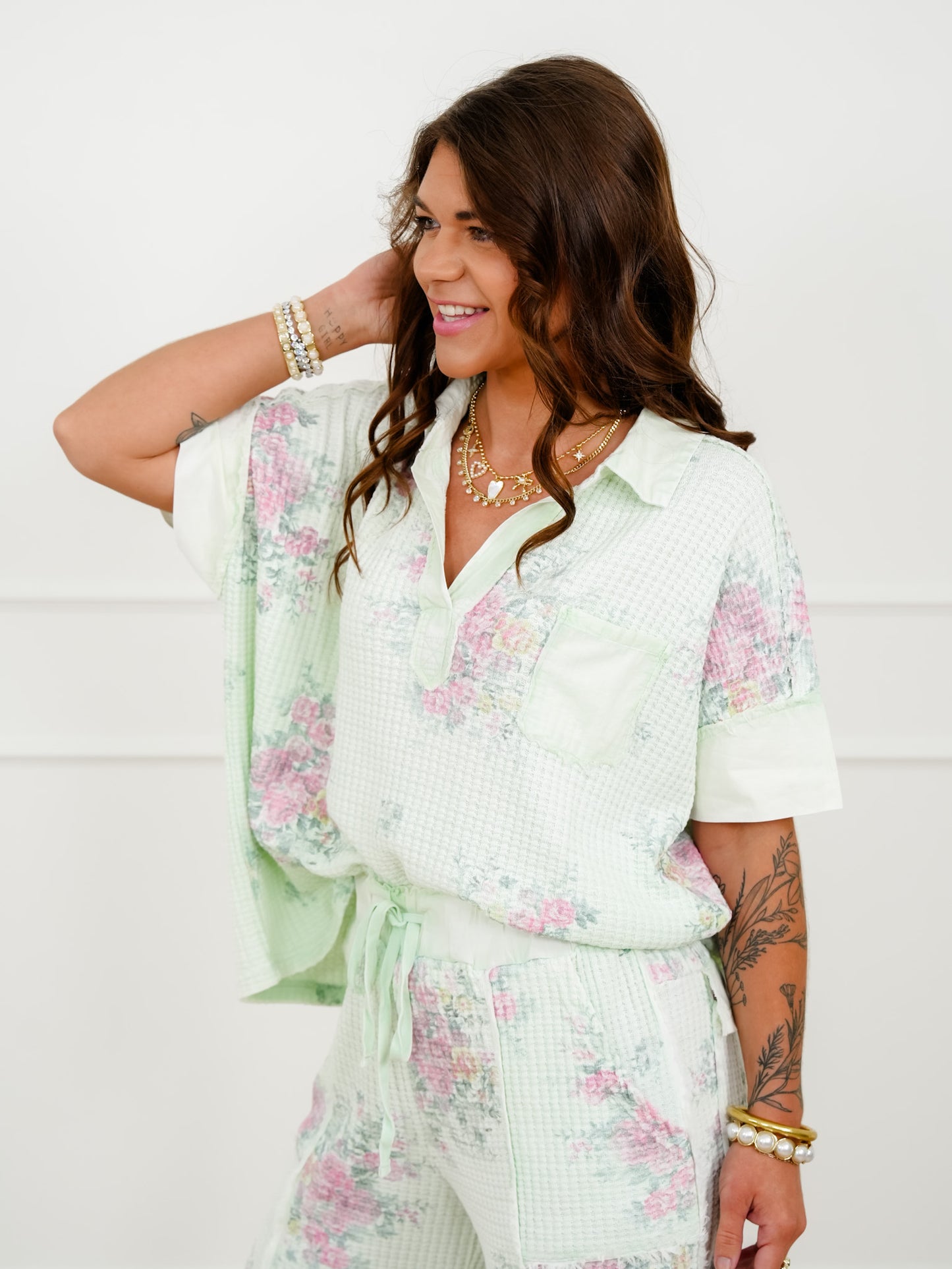 Mint Floral Waffle Knit Short Sleeve V Neck Top