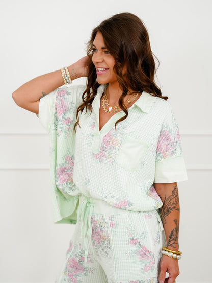 Mint Floral Waffle Knit Short Sleeve V Neck Top