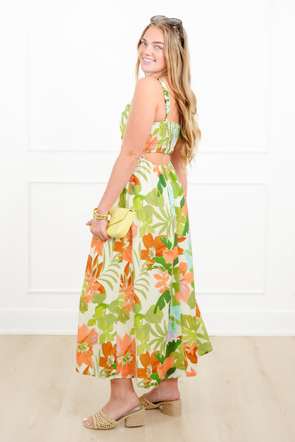 Tropical Print Sleeveless Midi Dress