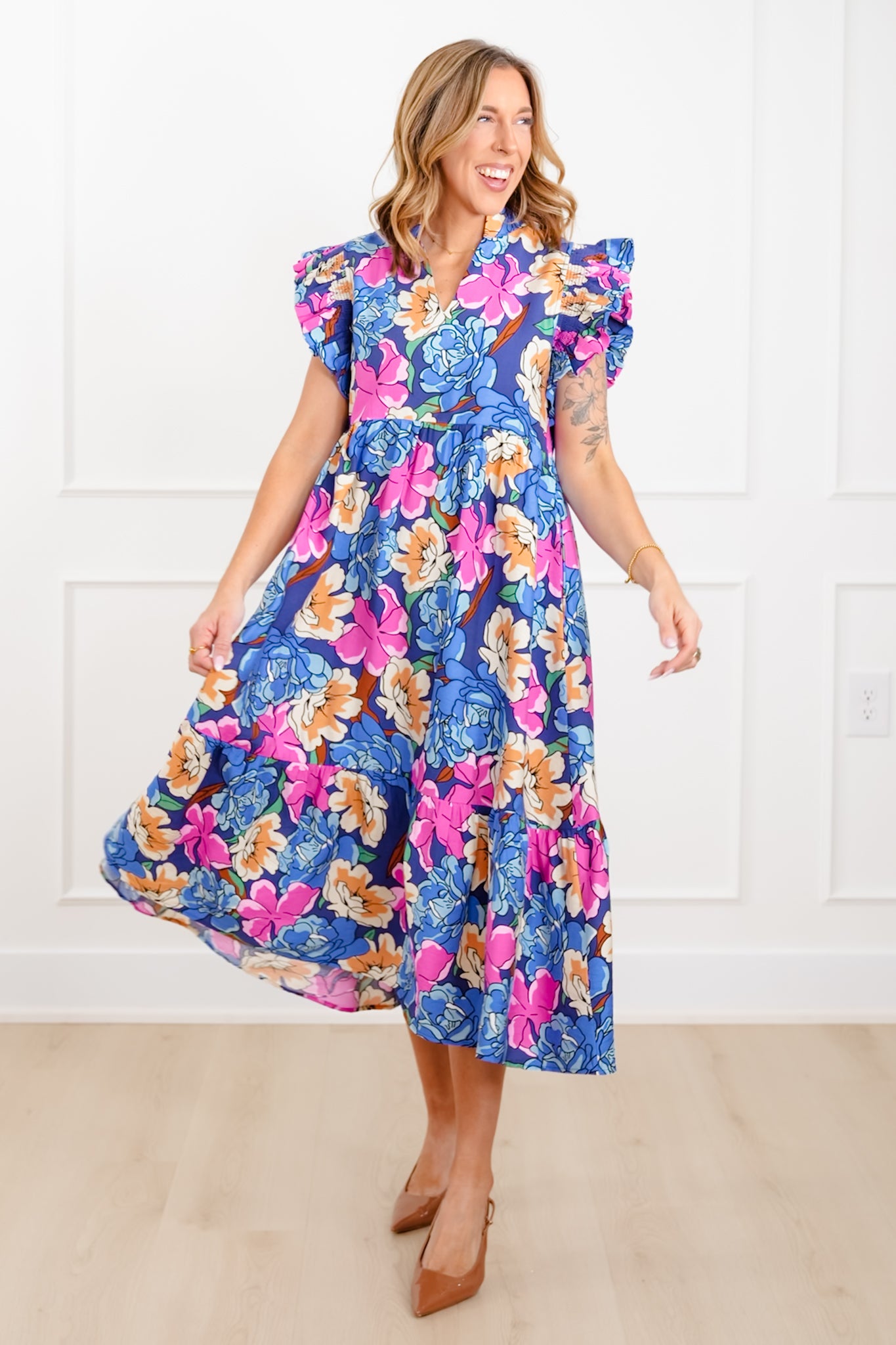 Floral Print Ruffle Sleeve V Neck Midi Dress