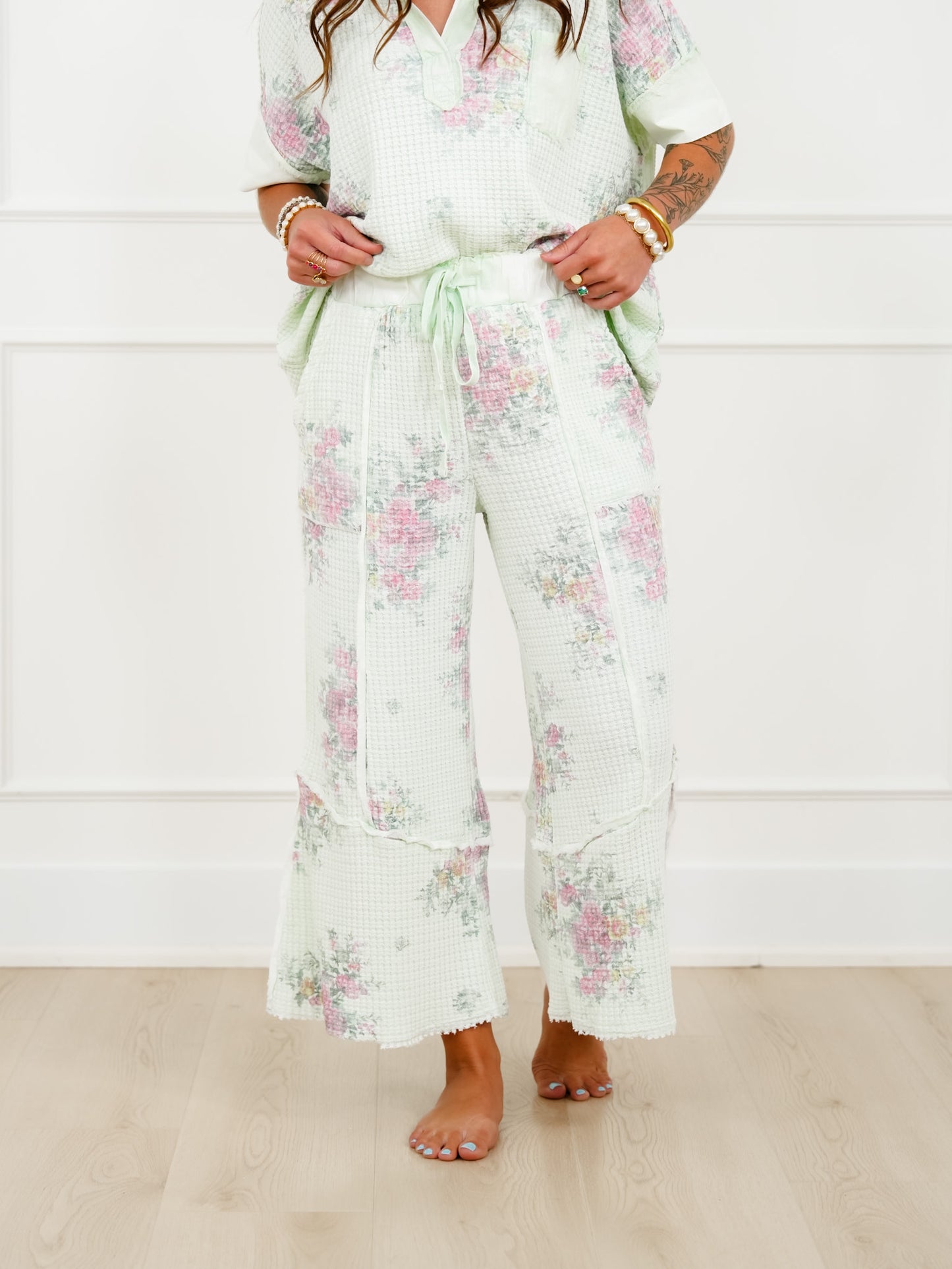 Mint Floral Waffle Knit Elastic Waist Pants