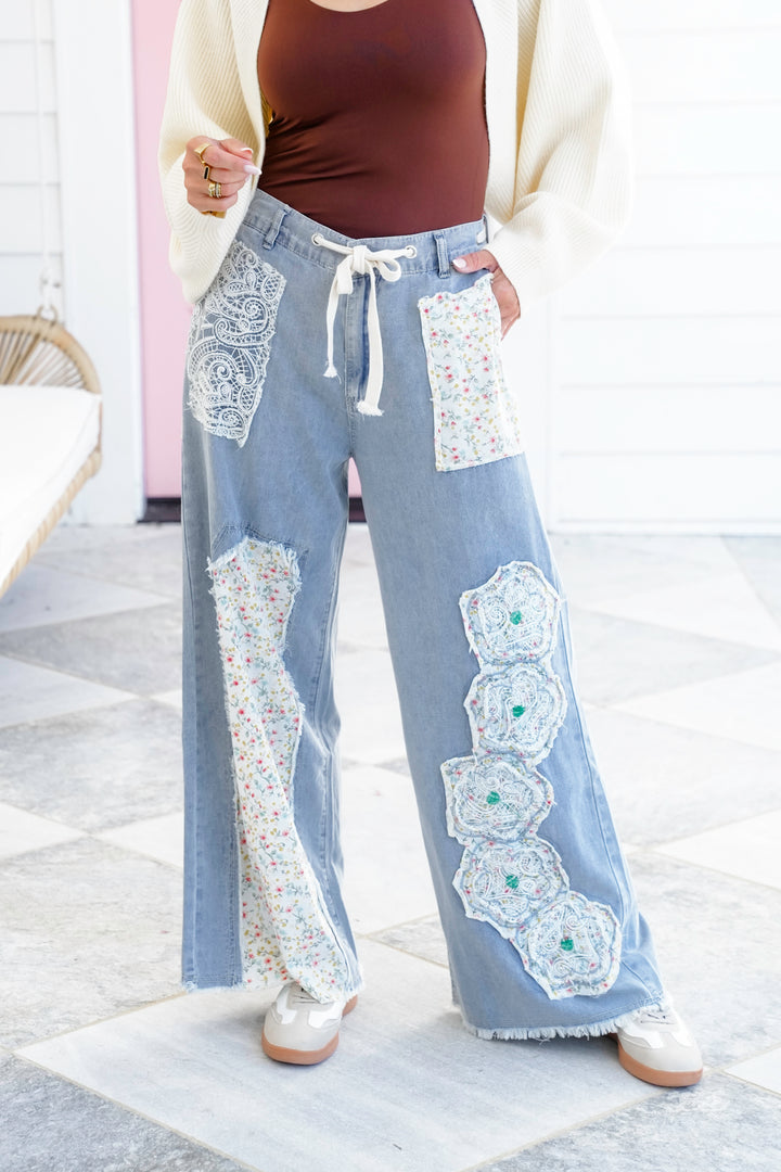 POL Relax Fit Pants with Flower Patch Detail