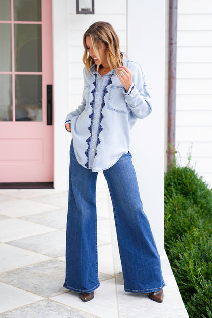 Mineral Wash Long Sleeve Button Up Top
