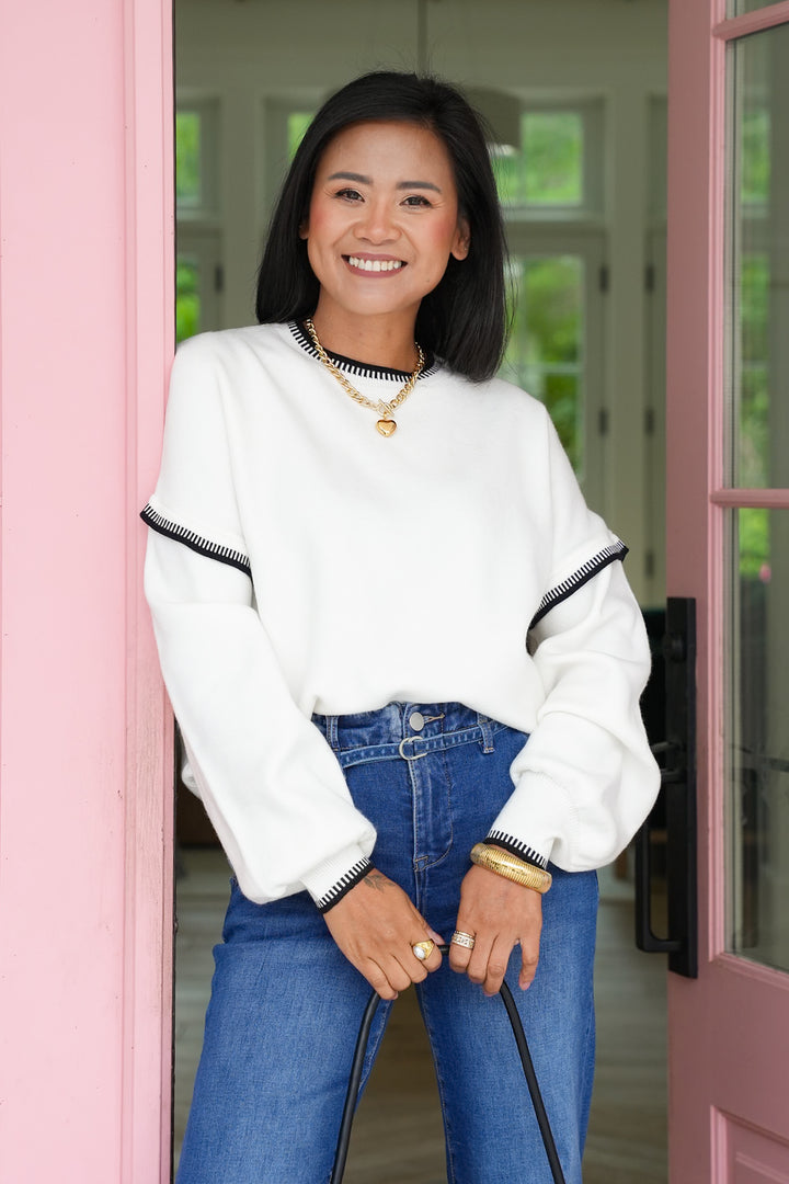 Long Balloon Sleeve Sweater with Stitch Trim Detail