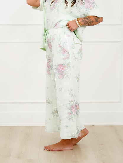Mint Floral Waffle Knit Elastic Waist Pants