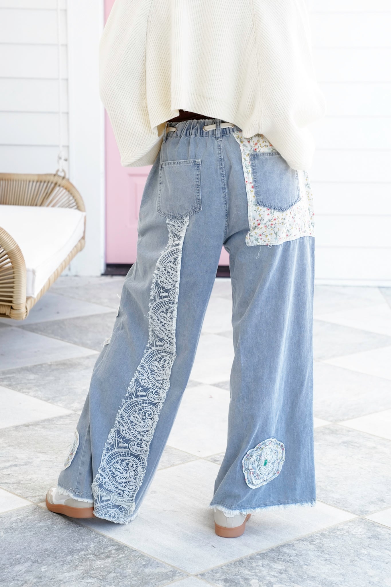 POL Relax Fit Pants with Flower Patch Detail