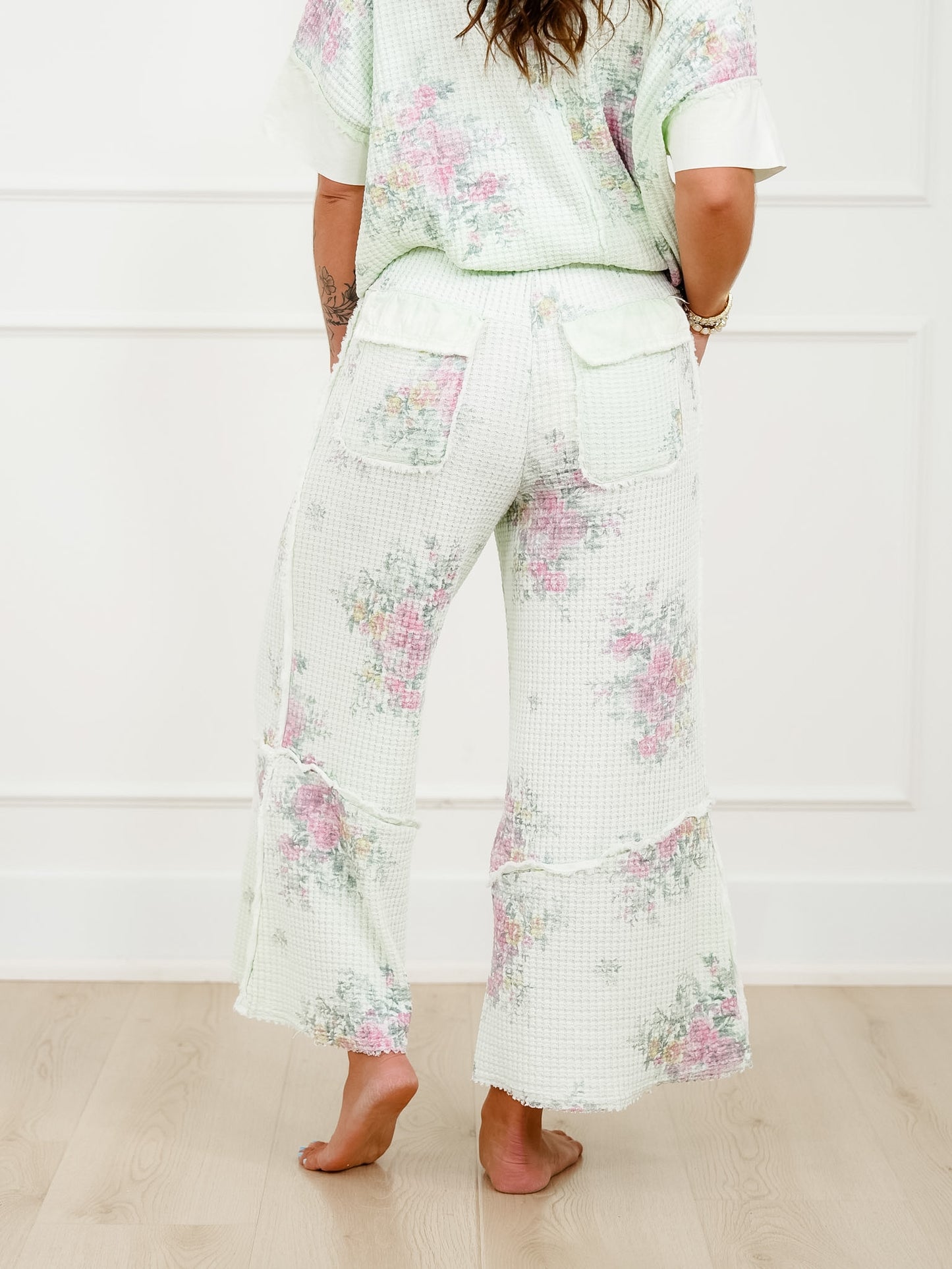 Mint Floral Waffle Knit Elastic Waist Pants