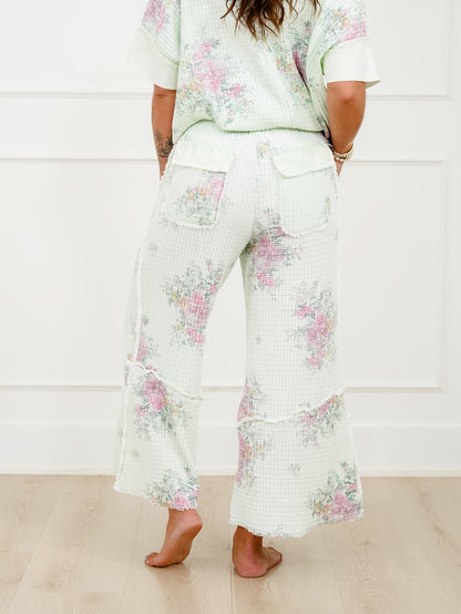 Mint Floral Waffle Knit Elastic Waist Pants