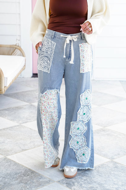 POL Relax Fit Pants with Flower Patch Detail