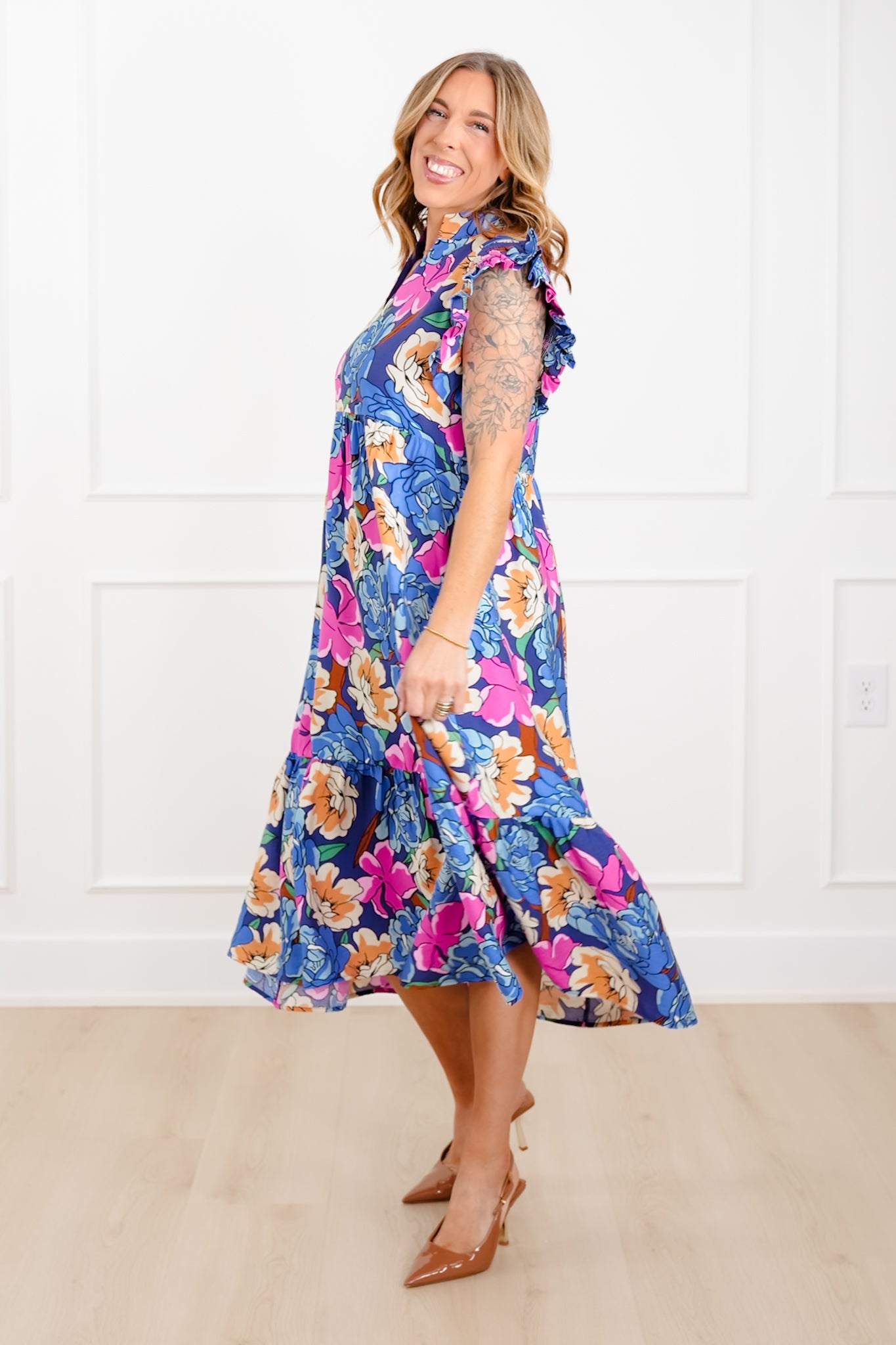 Floral Print Ruffle Sleeve V Neck Midi Dress