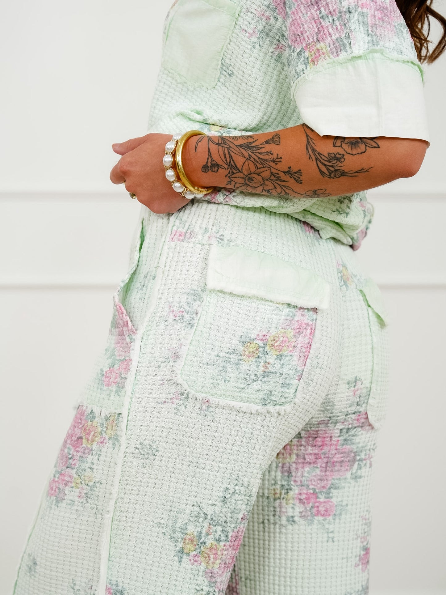 Mint Floral Waffle Knit Elastic Waist Pants