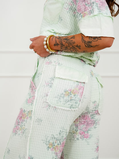 Mint Floral Waffle Knit Elastic Waist Pants