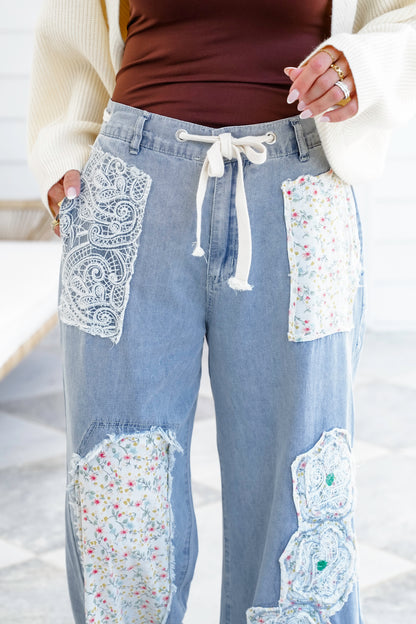 POL Relax Fit Pants with Flower Patch Detail