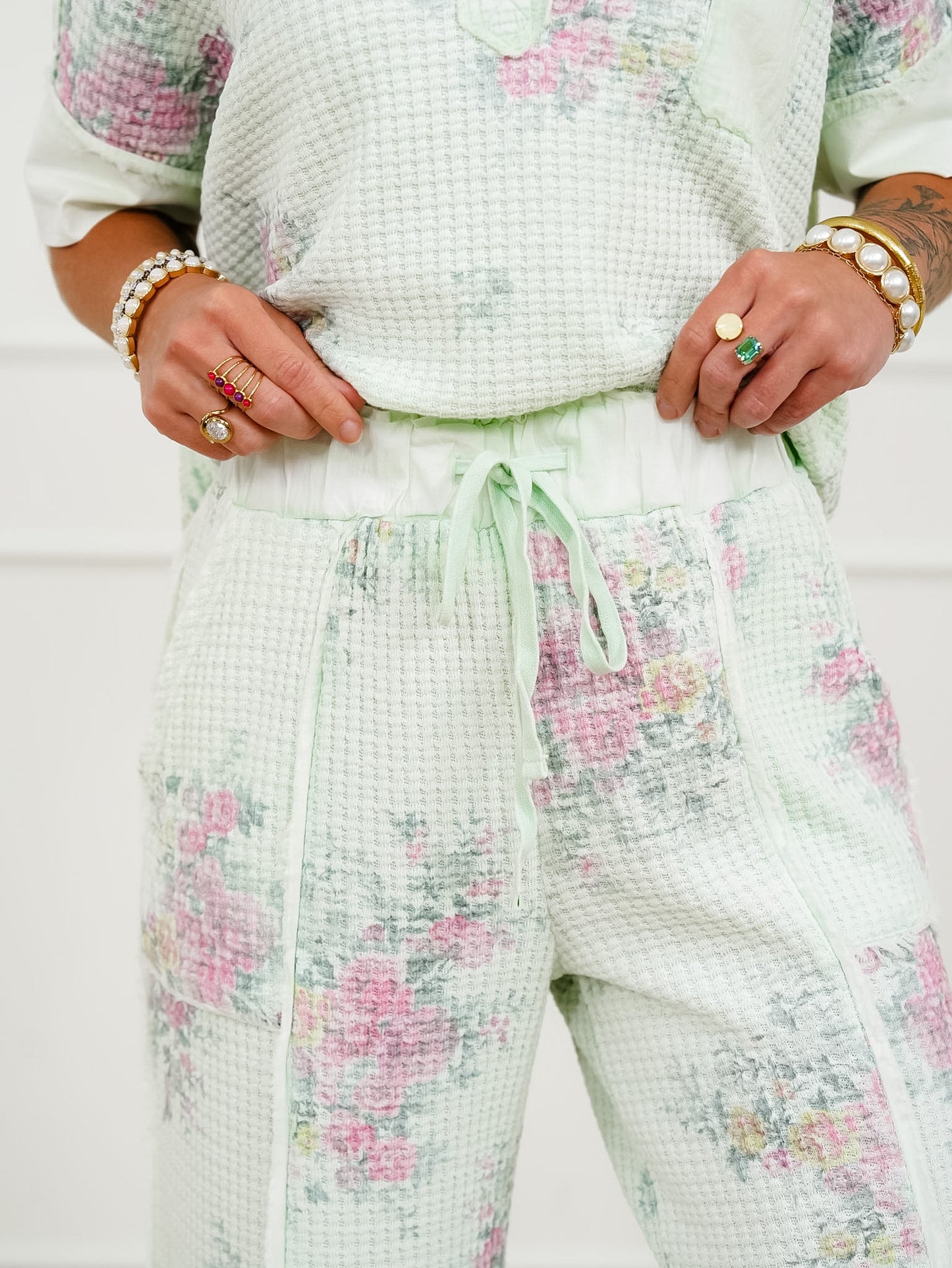Mint Floral Waffle Knit Elastic Waist Pants