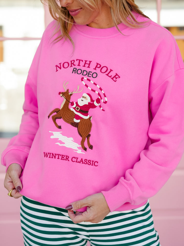 Embroidered "North Pole Rodeo" Long Sleeve Crew Neck Sweatshirt - Freckled Poppy
