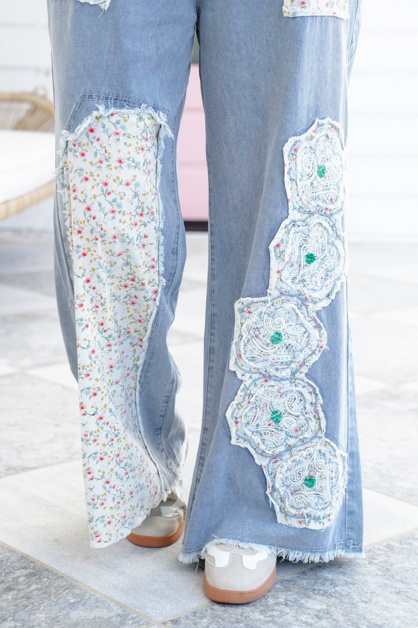 POL Relax Fit Pants with Flower Patch Detail