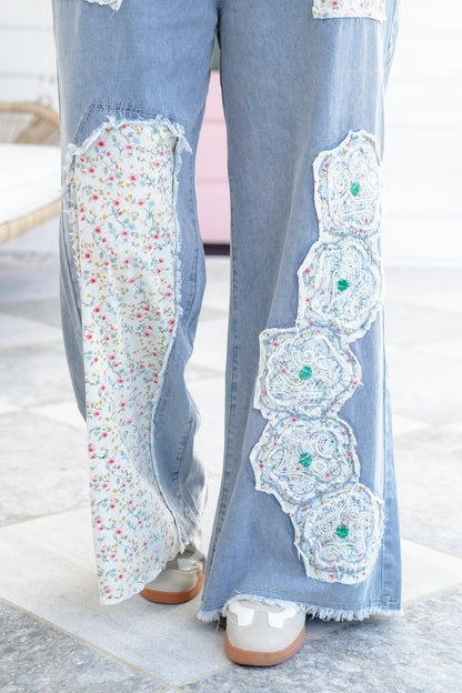 POL Relax Fit Pants with Flower Patch Detail
