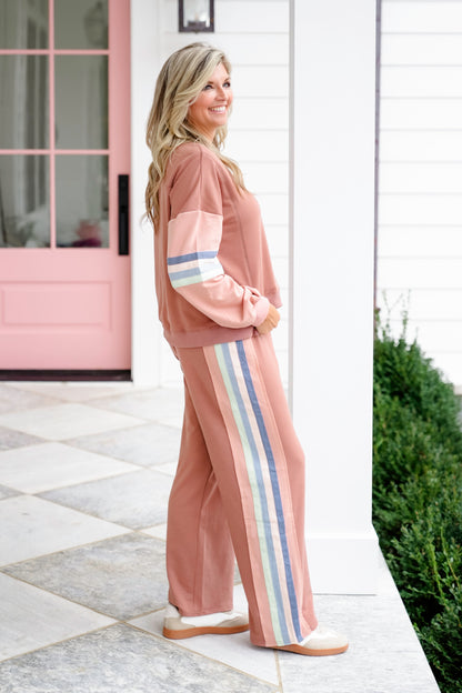 Stripe Long Sleeve Pull Over Top and Elastic Waist Stripe Pants Set