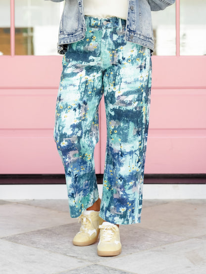 Abstract Floral Print Mid Rise Cropped Pants - Freckled Poppy