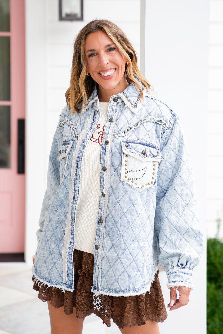 POL Light Wash Long Sleeve Button Up Jacket