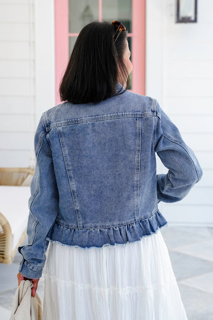 Long Sleeve Button Down Jacket with Ruffle Hem Detail
