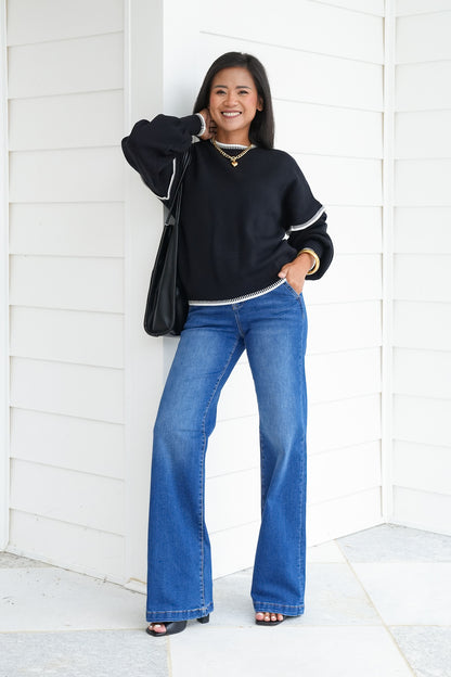 Long Balloon Sleeve Sweater with Stitch Trim Detail