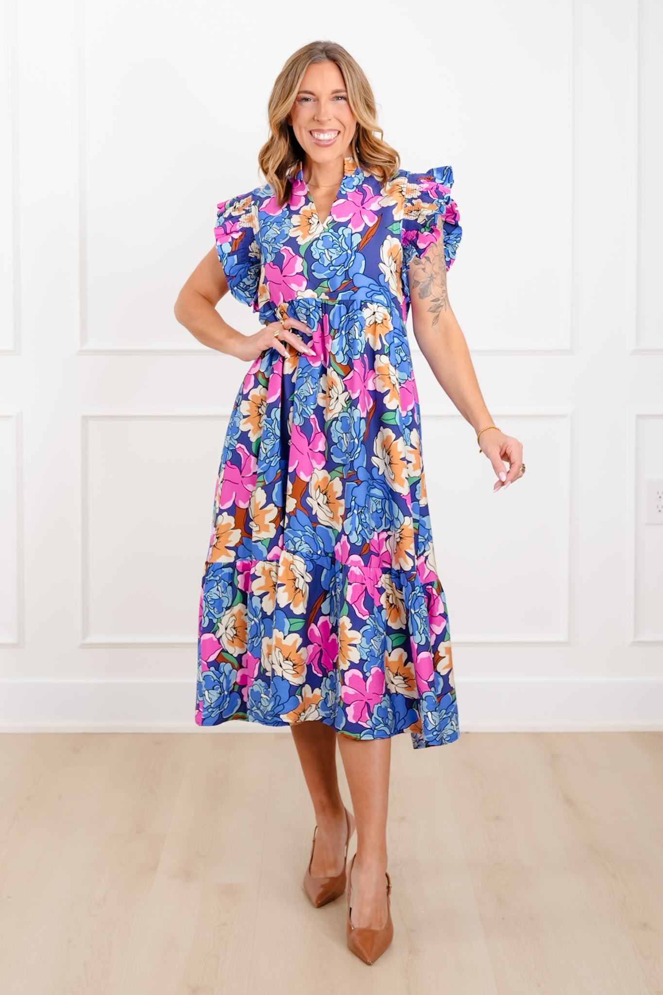 Floral Print Ruffle Sleeve V Neck Midi Dress