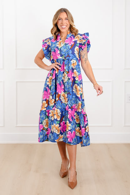 Floral Print Ruffle Sleeve V Neck Midi Dress