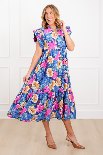 Floral Print Ruffle Sleeve V Neck Midi Dress