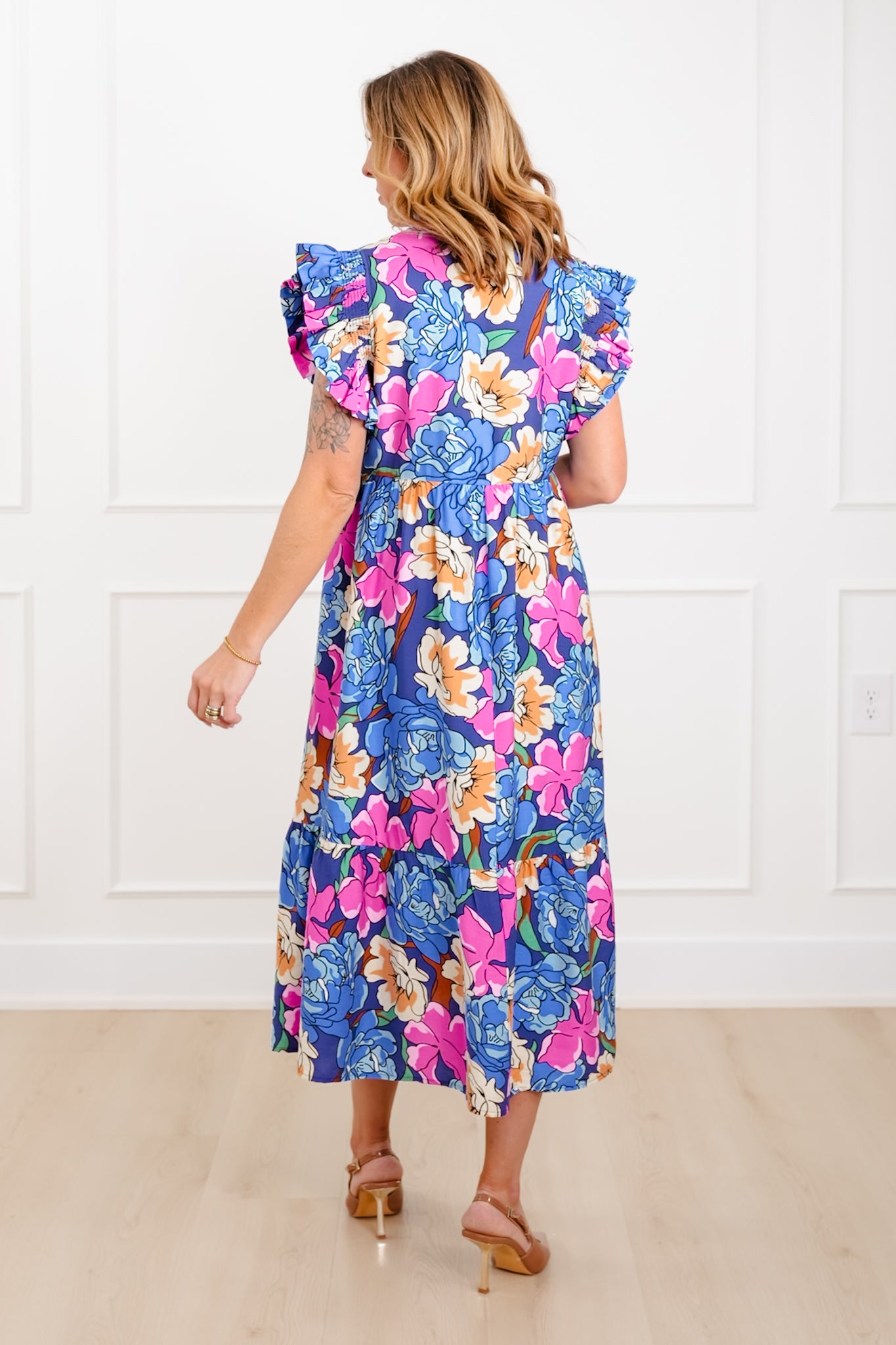 Floral Print Ruffle Sleeve V Neck Midi Dress