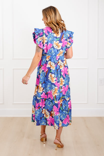 Floral Print Ruffle Sleeve V Neck Midi Dress