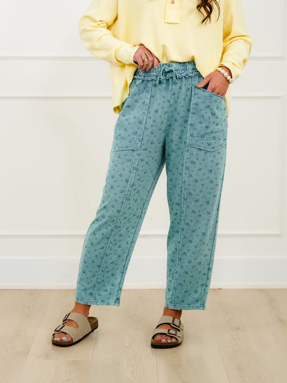 Mineral Wash Floral Print Elastic Waist Knit Pants