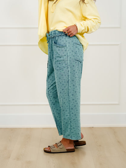 Mineral Wash Floral Print Elastic Waist Knit Pants