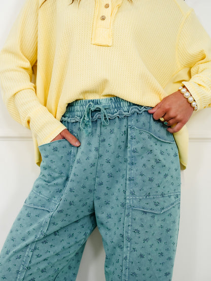 Mineral Wash Floral Print Elastic Waist Knit Pants
