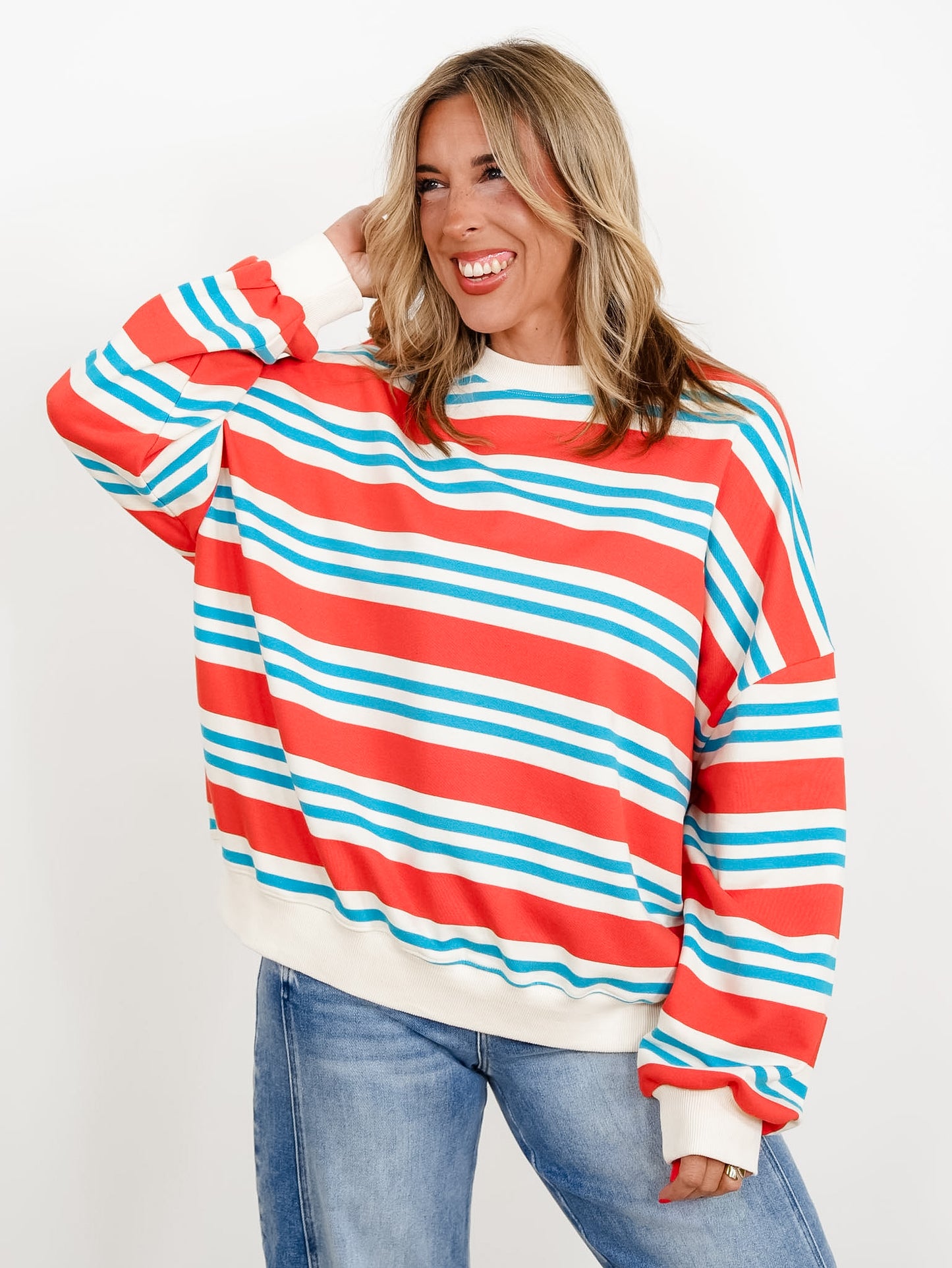 Striped Terry Knit Long Sleeve Boxy Sweatshirt