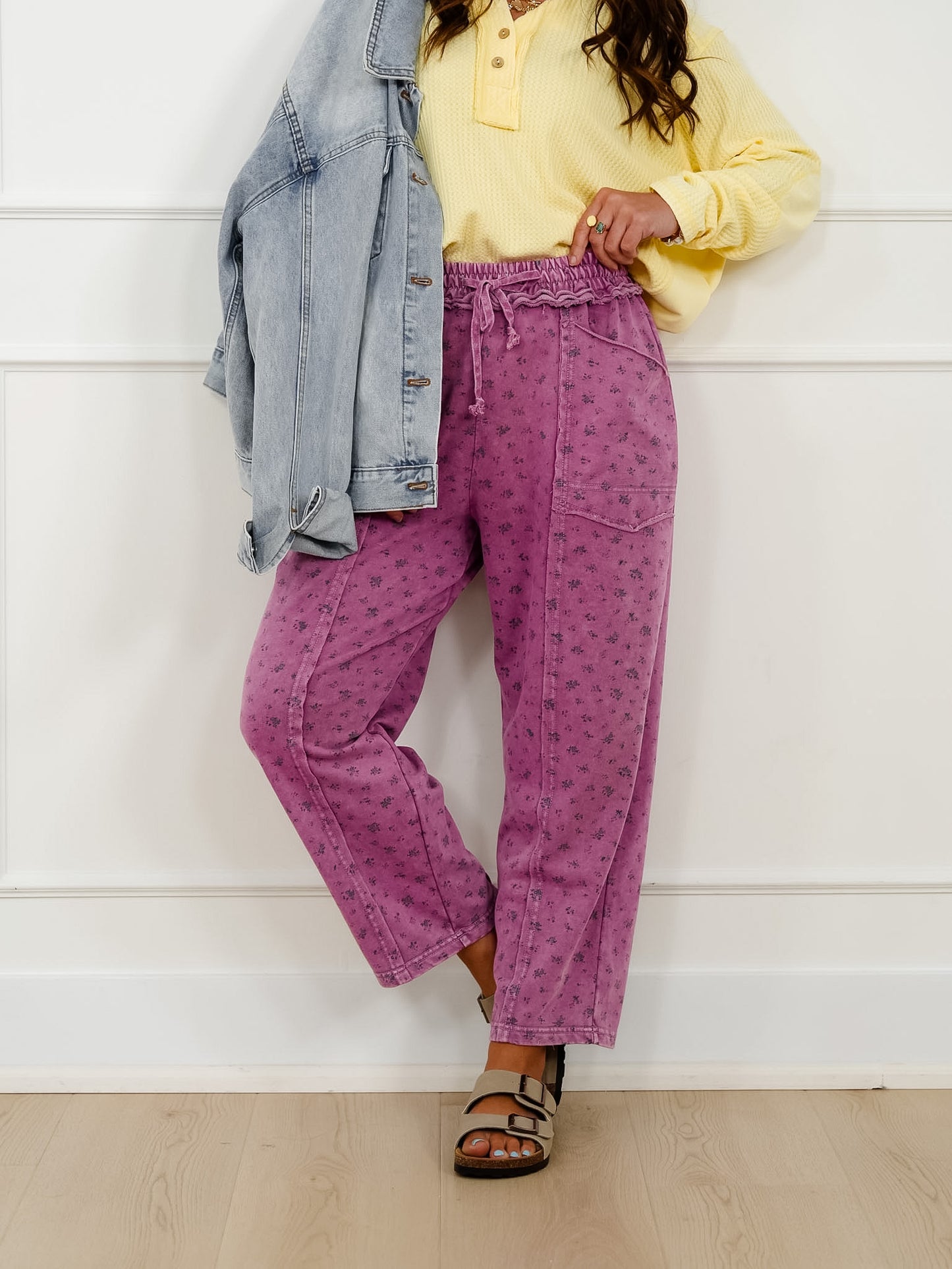 Mineral Wash Floral Print Elastic Waist Knit Pants