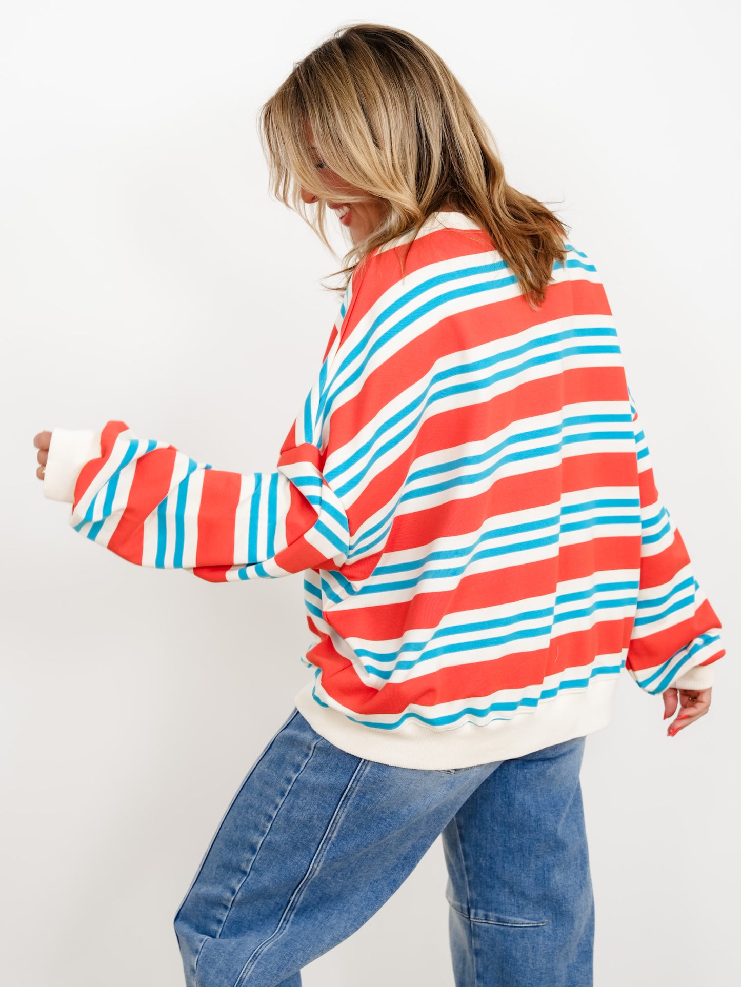 Striped Terry Knit Long Sleeve Boxy Sweatshirt