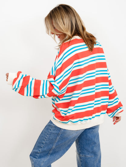 Striped Terry Knit Long Sleeve Boxy Sweatshirt