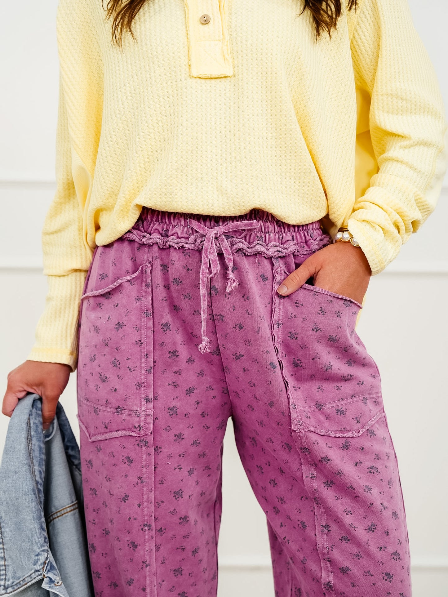 Mineral Wash Floral Print Elastic Waist Knit Pants