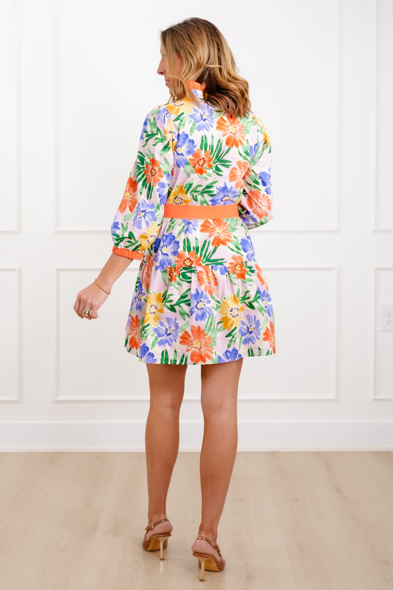 Floral Print 3/4 Sleeve Tiered Dress with Waist Tie