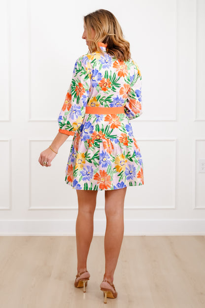 Floral Print 3/4 Sleeve Tiered Dress with Waist Tie