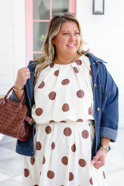 Plus/Reg Polka Dot Print Pleated Bubble Hem Top